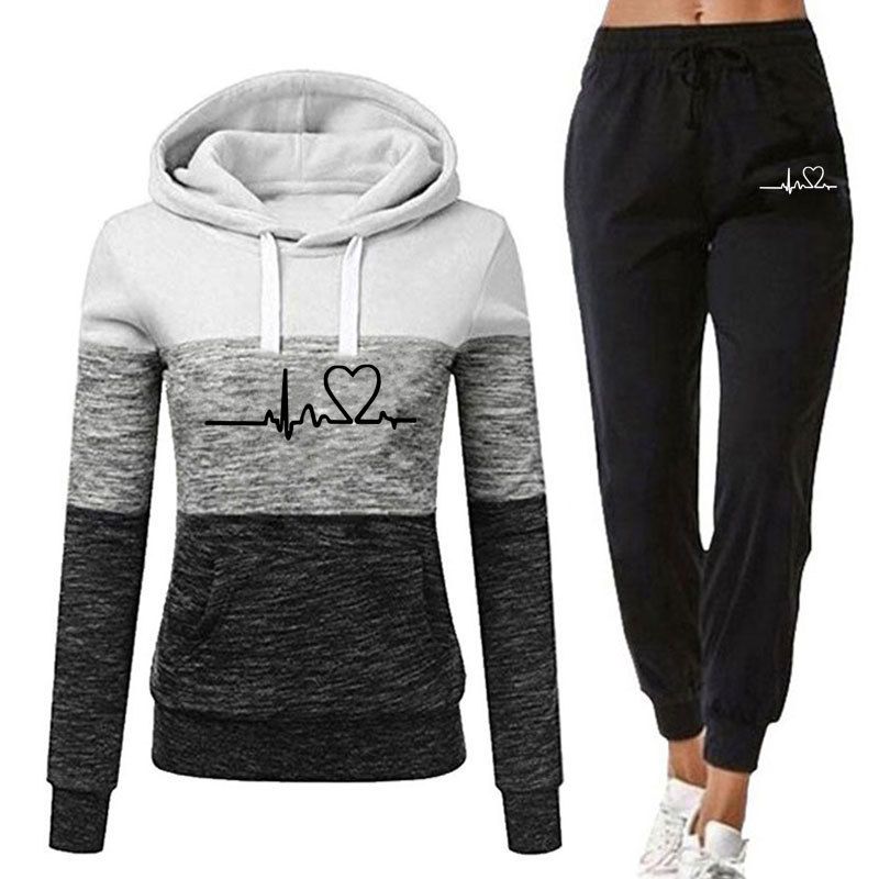 2023 Herbst Winter Farbblock Kapuzen Trainingsanzug Set Sweatshirt Lange Hosen Damenbekleidung_voghion.com