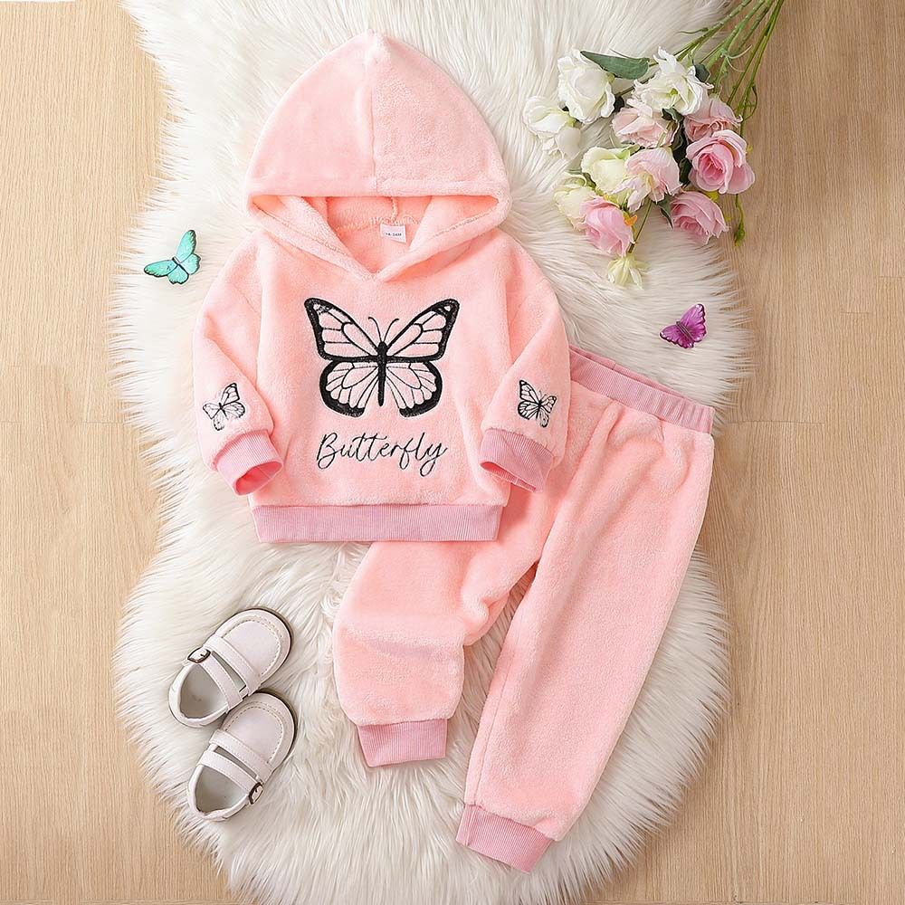 Abbigliamento per bambini, completo da bambina, autunno e inverno, con farfalla ricamata, felpa con cappuccio e pantaloni, completo da due pezzi, completo caldo in flanella alla moda per bambini_voghion.com