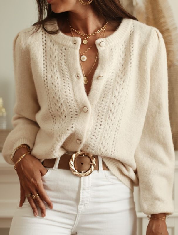 Elegant Solid Color Knitted Cardigan For Women - Long Sleeve Openwork Crochet Button Front Sweater Coat (S, M, L, XL)_voghion.com