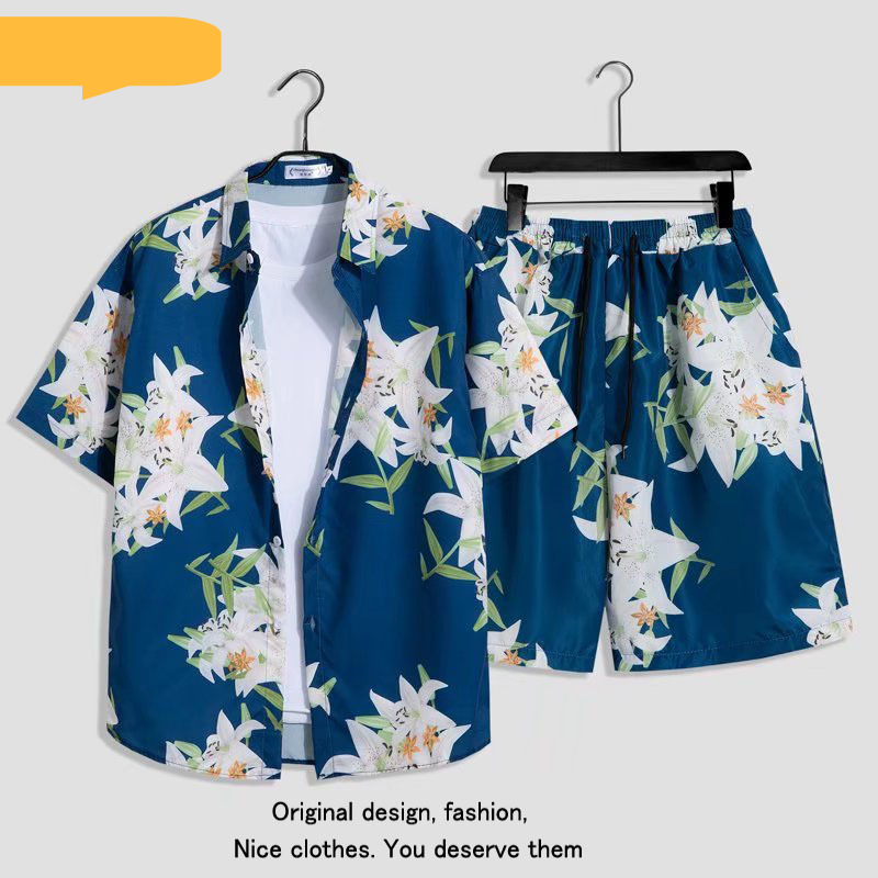 Set de două piese pentru bărbați, stil de vacanță la plajă, pantaloni scurți lejeri, cămașă cu flori, casual_voghion.com