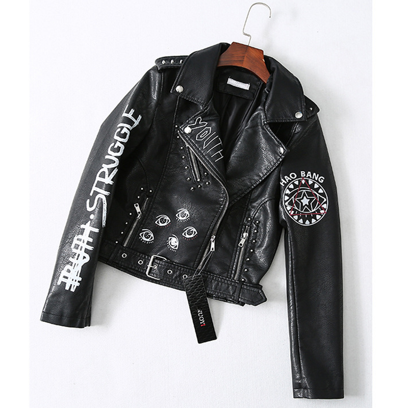 Leather jacket for women short pu leather fashion printed motorcycle jacket top black small leather jacket_voghion.com