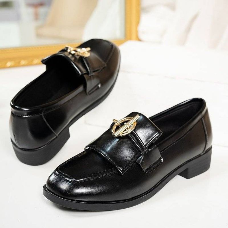 New School Style Square Toe Chunky Small Leather Shoes And Slip-on Solid Color Loafers_voghion.com