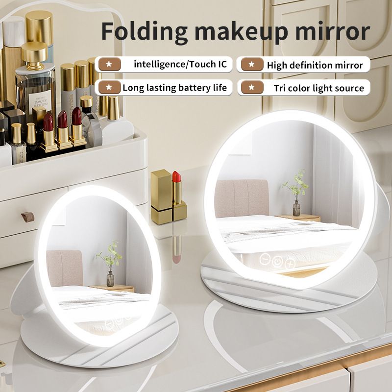 Miroir de courtoisie LED tactile – Miroir de maquillage pliable avec 3 modes d'éclairage (rechargeable par USB, luminosité réglable)_voghion.com