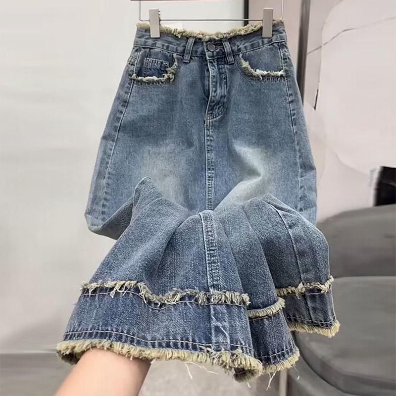 Gonna in denim con spacchi a vita alta da donna, gonna estiva a trapezio, gonna alla moda, gonna lunga a forma di pera piccola_voghion.com