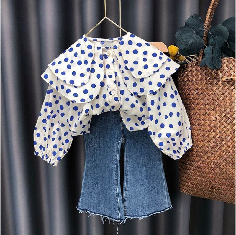 Kids Clothing Girls Cute Polka Dot Large Lapel Shirt Plus Jeans Two piece Set_voghion.com
