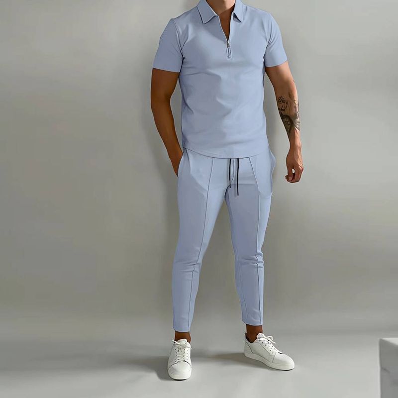 Summer 2025 Fashion Pure Color Tracksuits Men's Lapel Short Sleeve POLO Shirt + Lace-Up Long Pants 2 Piece Casual Sport Sets S-3XL_voghion.com