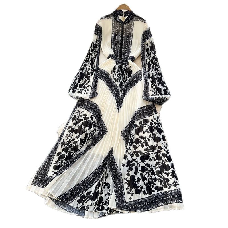 Abbigliamento da donna Abito primaverile Alta moda di alta qualità Vita alta Slim Stampato Gonna lunga plissettata_voghion.com