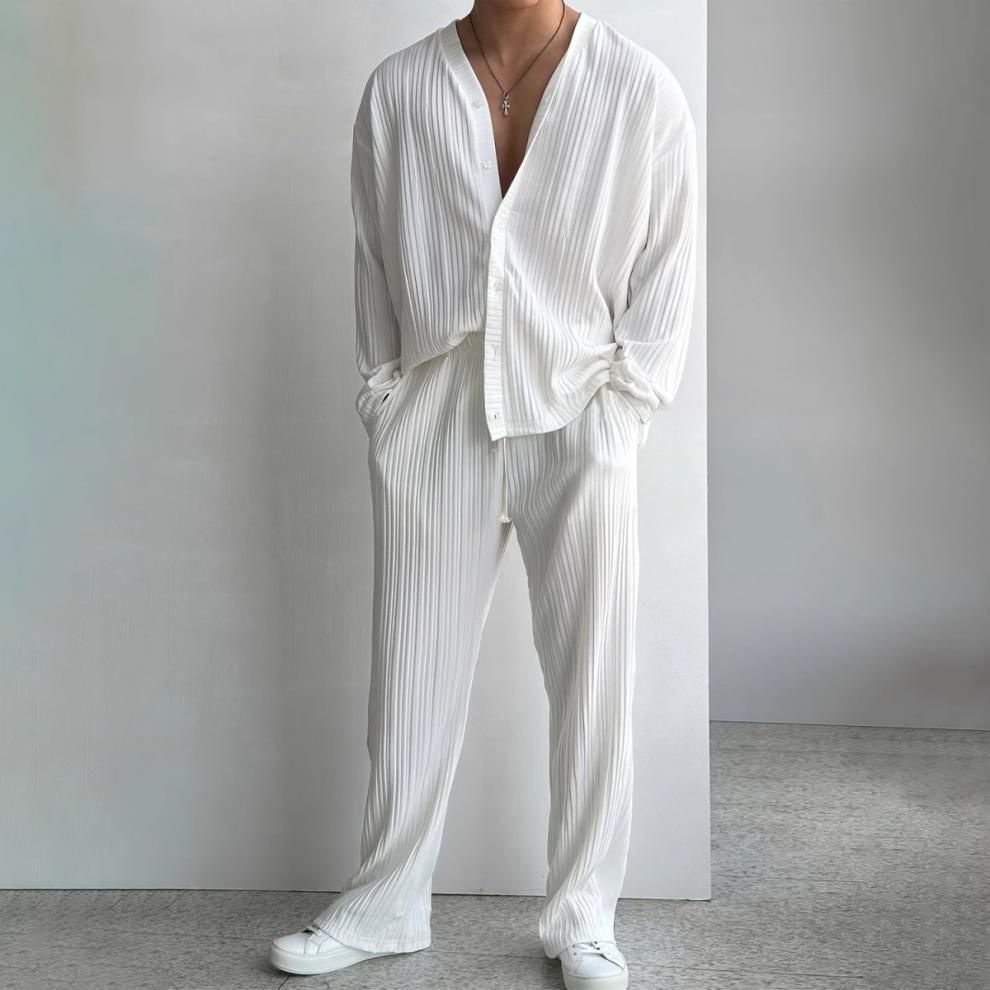 Herrenbekleidung dünne einfarbige sexy tiefe V-Strickjacke Strickpullover Hemd lässige Mode Anzug zweiteiliger Anzug Männer_voghion.com