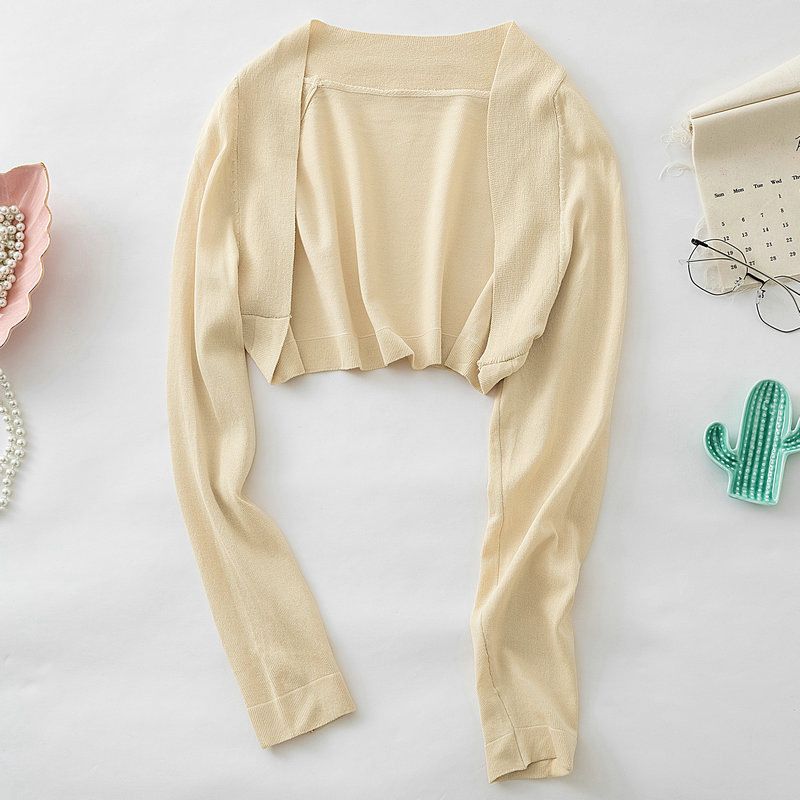 Schal-Oberbekleidung für Damen, Sonnenschutz, Strickjacke, kurzes Eisseiden-Strickhemd, Klimaanlage, ultradünn, lange Ärmel, mit Hosenträgerrock, Bluse_voghion.com