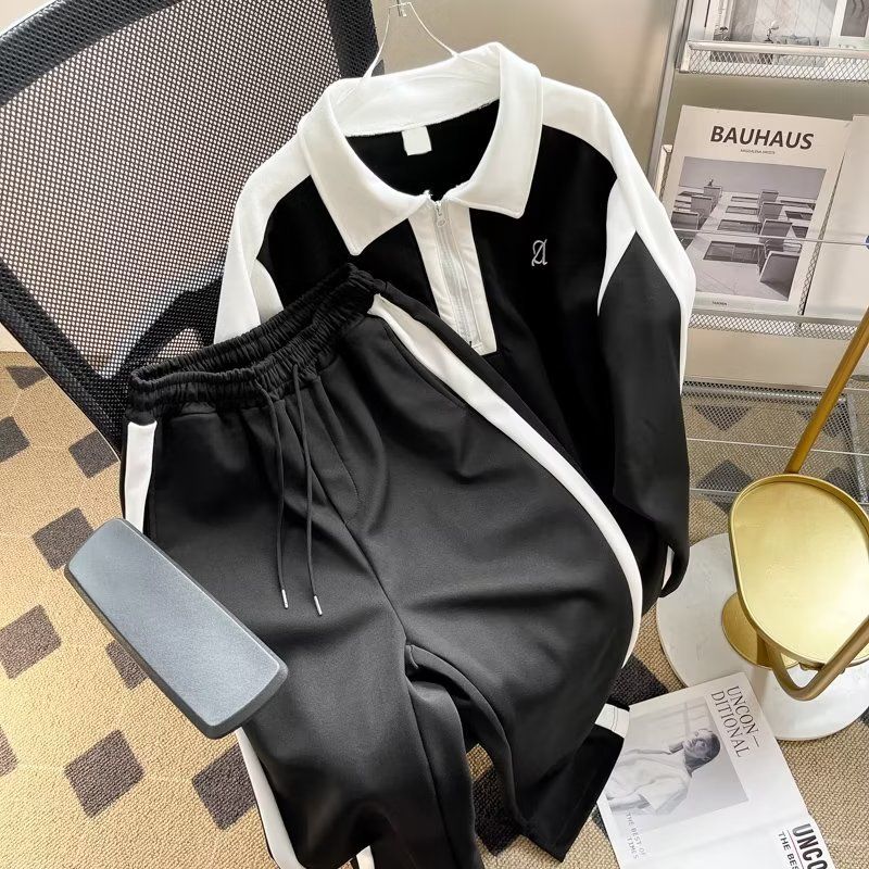 Men's Clothing black and white stitching contrast color sports long sleeved suit POLO shirt and trousers two piece suit casual and handsome_voghion.com