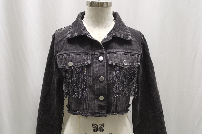 Denim jacket women's fashion tassel stitching distressed denim jacket women_voghion.com