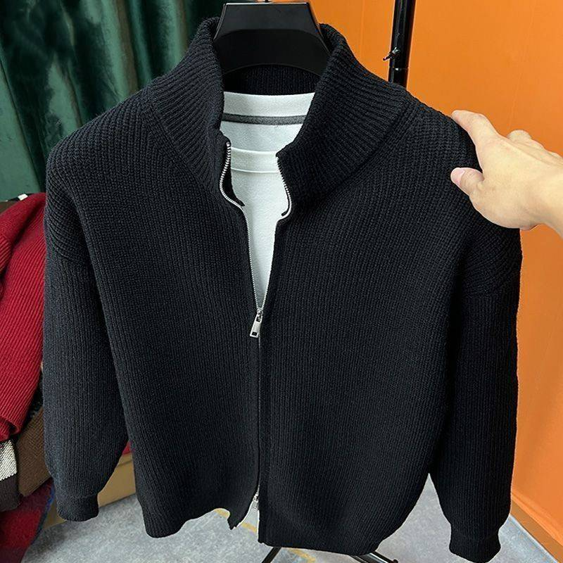 Men's Business Casual Cardigan Solid Color Zipper Sweater All-match Knitted Sweater Autumn And Winter Slim Fit Coat Stand Collar Half High Coat_voghion.com