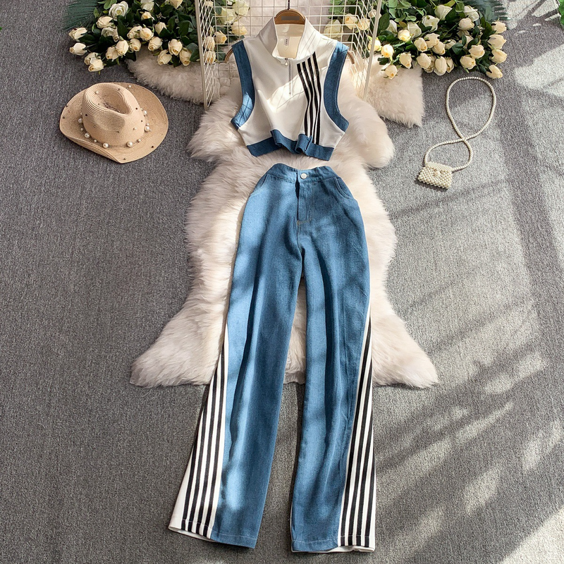 Ensemble deux pièces pour femme, haut court à col roulé et pantalon large taille haute, coupe slim, sans manches, en denim, patchwork, rayé_voghion.com