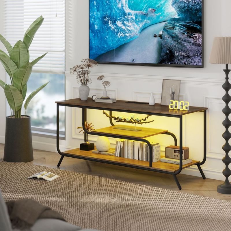 TV Stand With Power Outlets And LED Lights - TV Stand For TVs Up To 55 Inch, Entertainment Center With Shelves, Modern TV Console Table For Living R_voghion.com