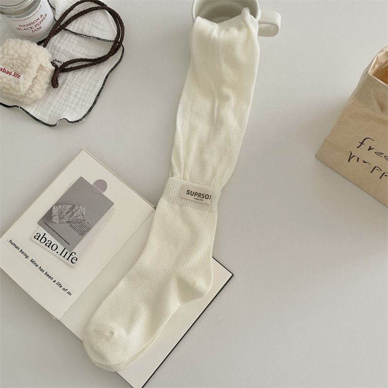Ins Solid Color Calf White Bubble Pile Women's Label Gray Ballet Miu Style Long Tube Socks_voghion.com