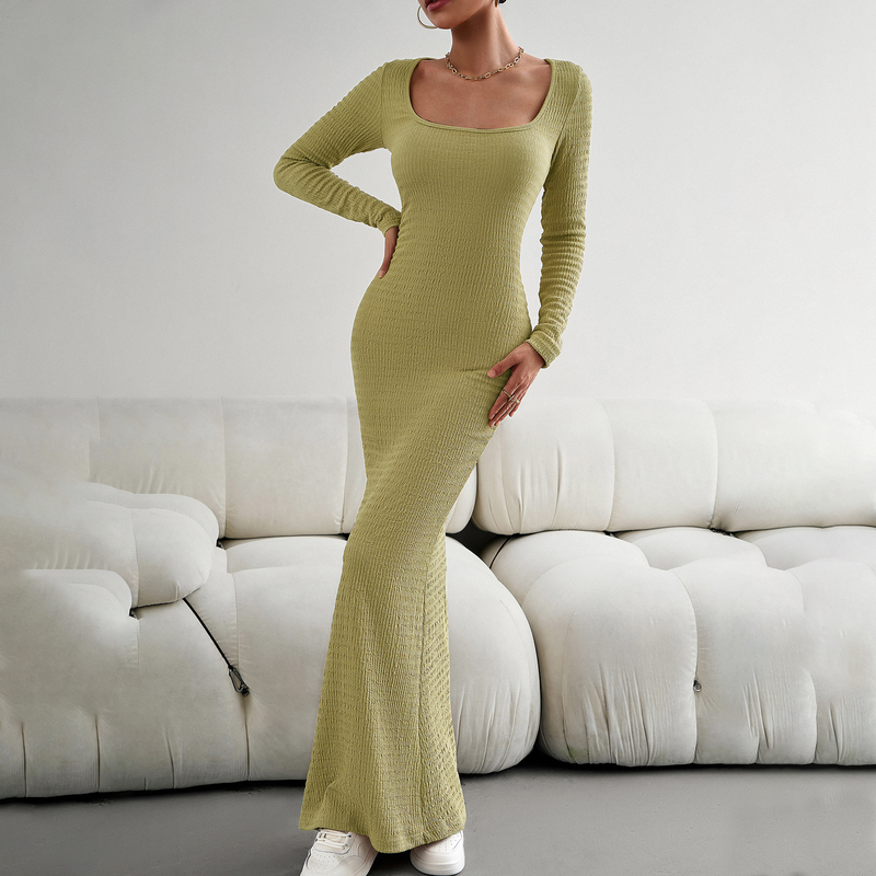 Abito da donna di bellezza Kardashian in abito in maglia a maniche lunghe con collo quadrato sottile in stile sexy_voghion.com