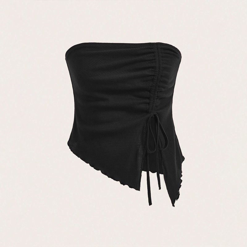 Women's Clothing Summer New Style Drawstring Slit Irregular Waffle Slim Fit Tube Top Vest Top_voghion.com