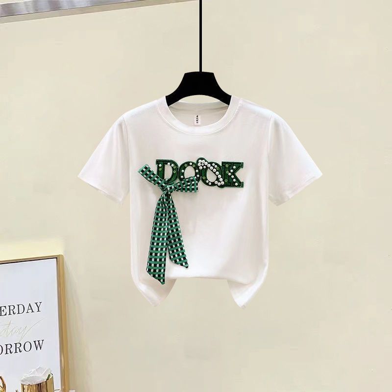 Women's Clothing fashion color matching embroidery short-sleeved T-shirt raw edge hip-wrapped A-line high waist denim skirt_voghion.com
