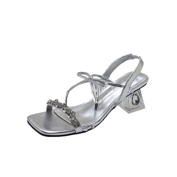 Sandali con tacco spesso e strass, stile fata con testa quadrata, stile 2025, con fiocco, da donna, estivi, con cinturino dritto,_voghion.com