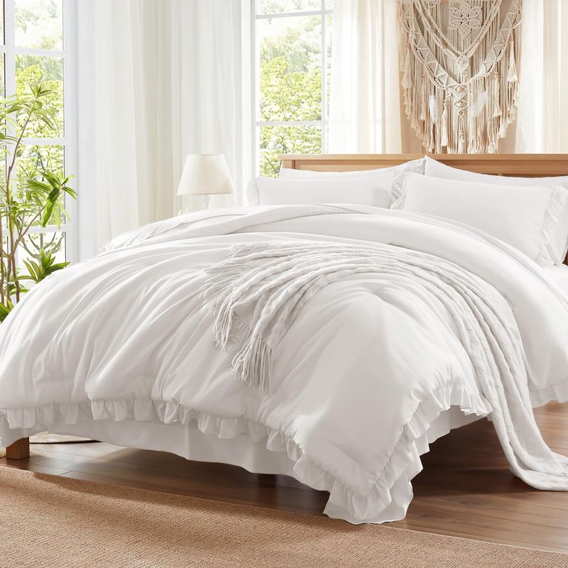 Parure de lit 3 pièces en duvet synthétique, style bohème, blanc pur, à volants, respirante, pour lit queen size_voghion.com