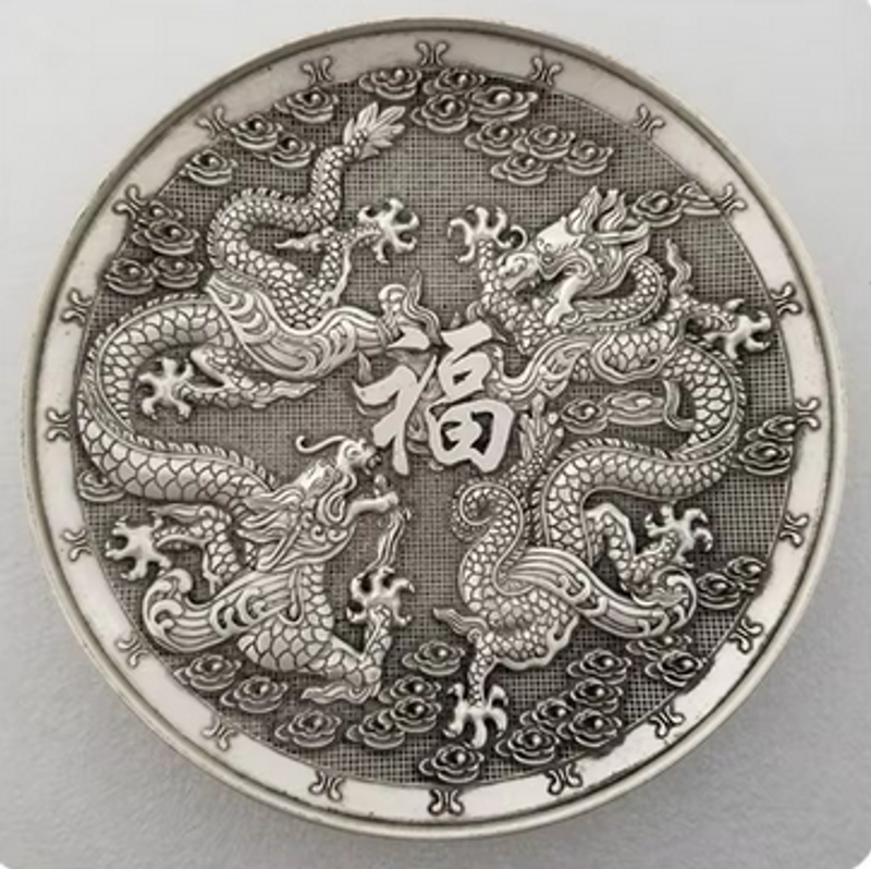 Farfurie dublă cu dragon placată cu argint vechi, artizanat antic #28-1_voghion.com
