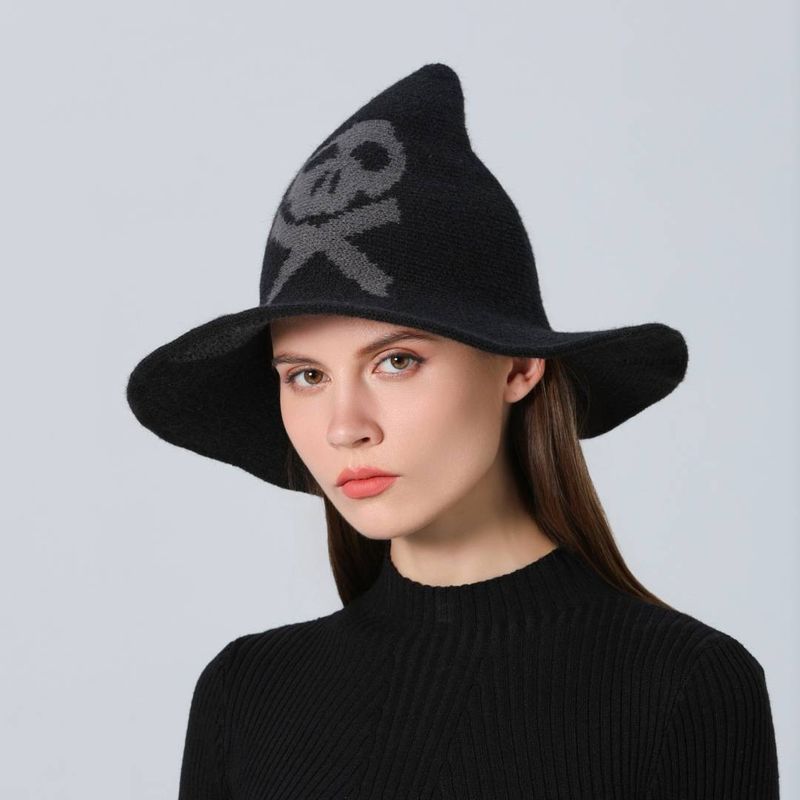 Pălărie de vrăjitoare cu craniu pentru Halloween, pălărie pentru femei, pălărie de petrecere europeană și americană din lână tricotată, acoperire a feței, pălărie de vrăjitoare_voghion.com