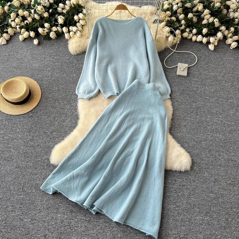 Weiches, ästhetisches Strickset – Übergroßer Langarmpullover und fließender Rock mit hoher Taille (Einheitsgröße, koreanischer minimalistischer Stil, bequeme Loungewear)_voghion.com