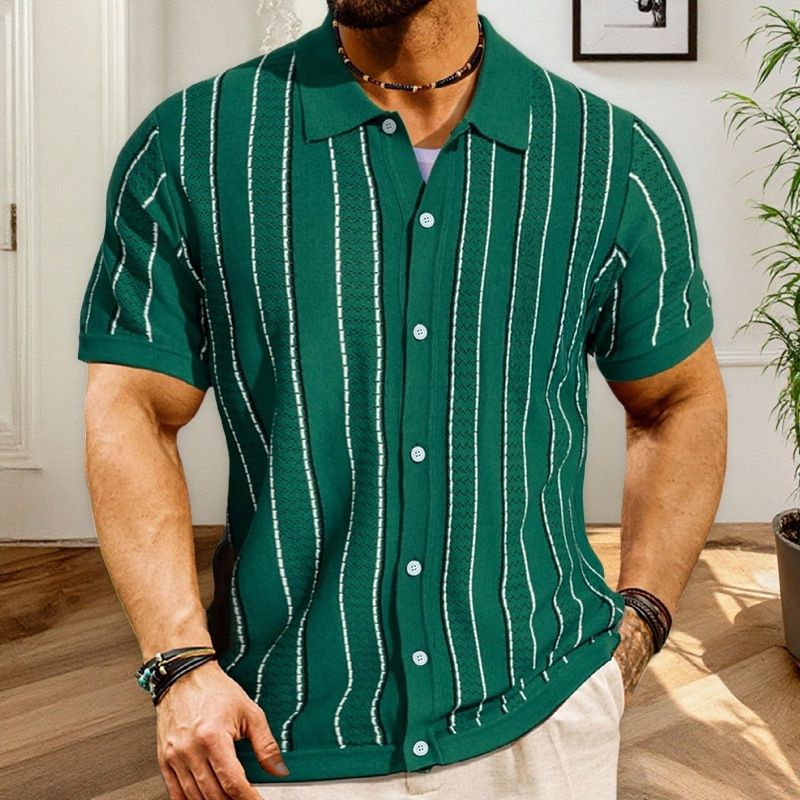 Herrenbekleidung Sommer Neue Kurzarm Gestreifte Pullover Mode Strickjacke Gestricktes Poloshirt_voghion.com