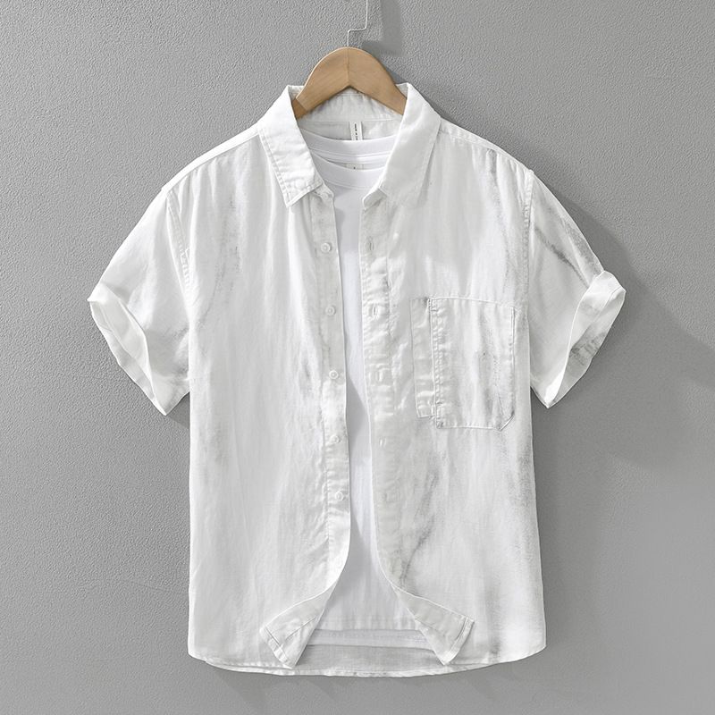 Trendy Linen Short Sleeved Shirt For Men, Fashionable And Versatile, Artistic And Casual Loose Top_voghion.com