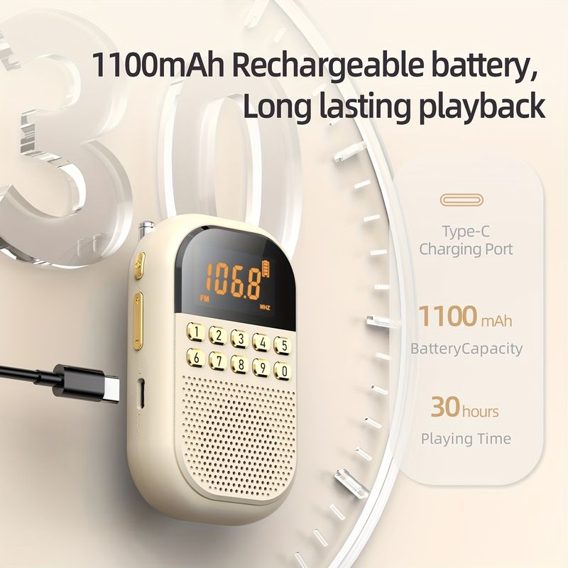 Mini Portable Radio, Supports AM FM, Wireless Charging, 3.5mm Headphone Jack And Card Slot, Suitable For Outdoor Home Use_voghion.com