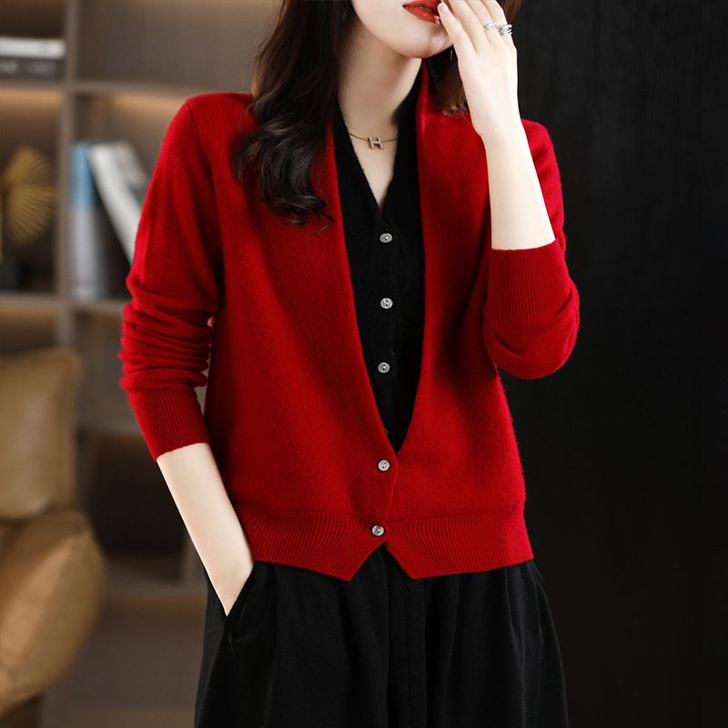 Nuovo cardigan in cashmere con scollo a V da donna, giacca in lana color block in due pezzi, top largo rosso anno zodiacale per_voghion.com