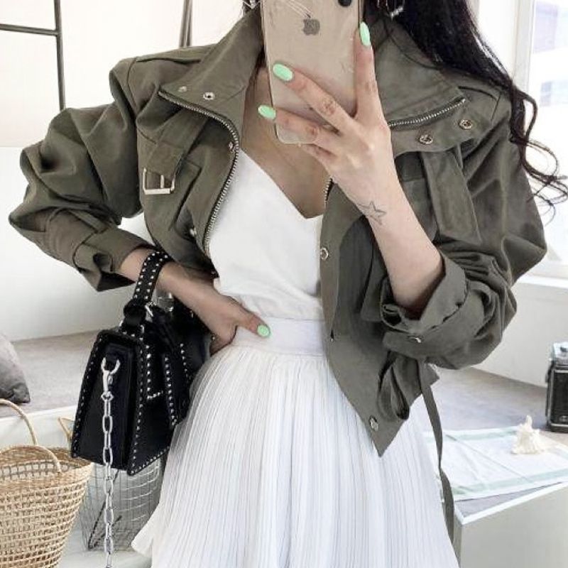 [EWQ] Korean Zipper Pocket Drawstring Women Safari Style Jacket 2023 Spring Autumn New Tide Streetwear Long Sleeve_voghion.com