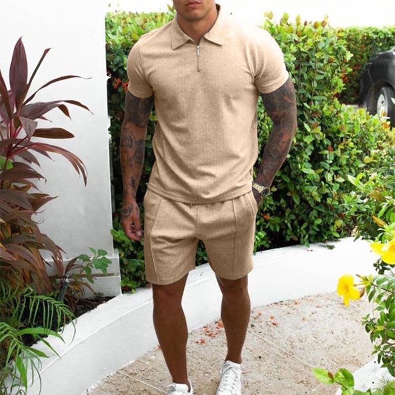 Men's summer men's zipper casual short sleeved shorts two-piece set_voghion.com