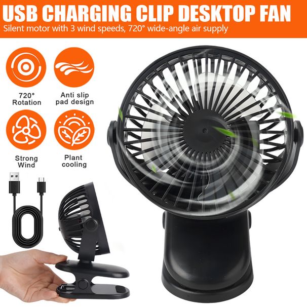 Mini Cooling Fan USB Rechargeable Clip On Desk Baby Stroller Portable 3 Speeds_voghion.com