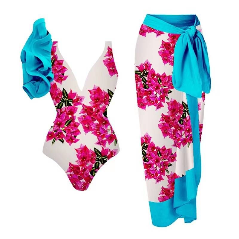 Maiô de uma peça com estampa de posicionamento de folha de lótus de um ombro, saia longa de malha, conjunto de duas peças para maiô feminino_voghion.com