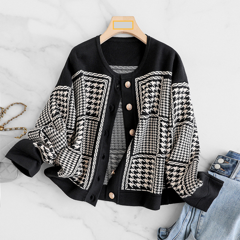 Women's Clothing surplus orders 2023 autumn heavy recommendation fashion jacquard knitted cardigan houndstooth coat_voghion.com