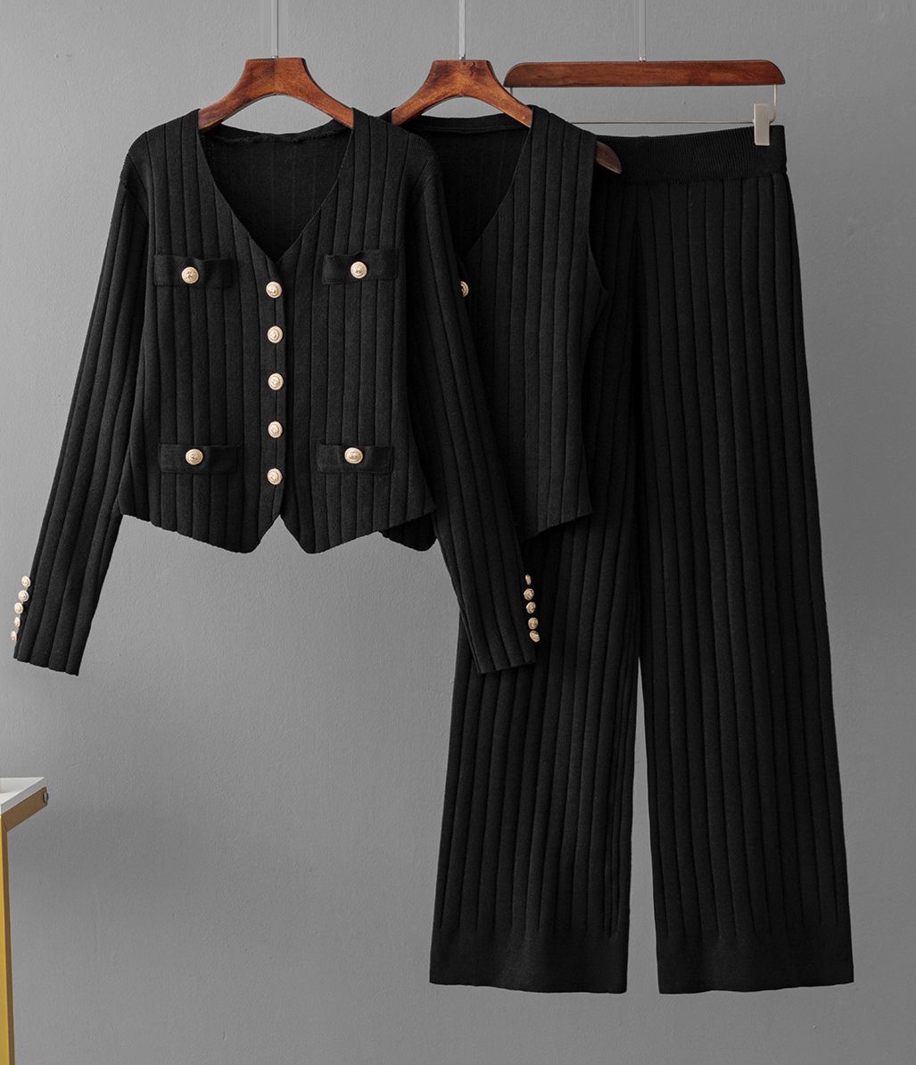 Women's Clothing slim fit style wide leg pants sweater three piece suit for women spring and autumn new vest knitted cardigan suit_voghion.com
