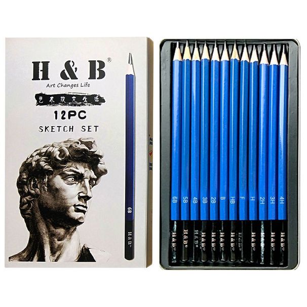 Professional 12-Piece Sketching Pencil Set In Metal Case - 2B Graphite, Premium Wooden Pencils For Artists & Students_voghion.com