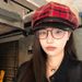 Women's Red Plaid Wool Octagonal Hat Leather Beret_voghion.com