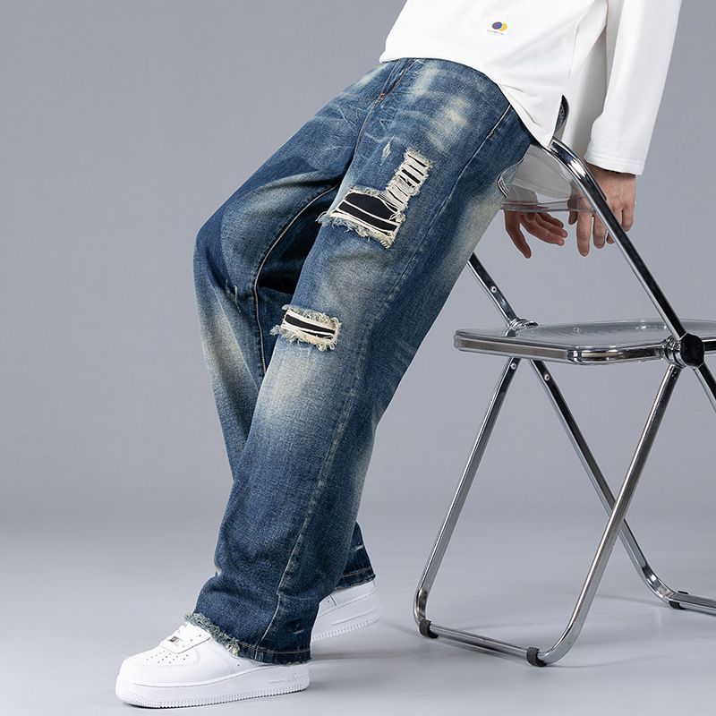 Jeans strappati nuovi autunnali da uomo, larghi, dritti, a gamba larga, alla moda, casual, pantaloni da uomo_voghion.com