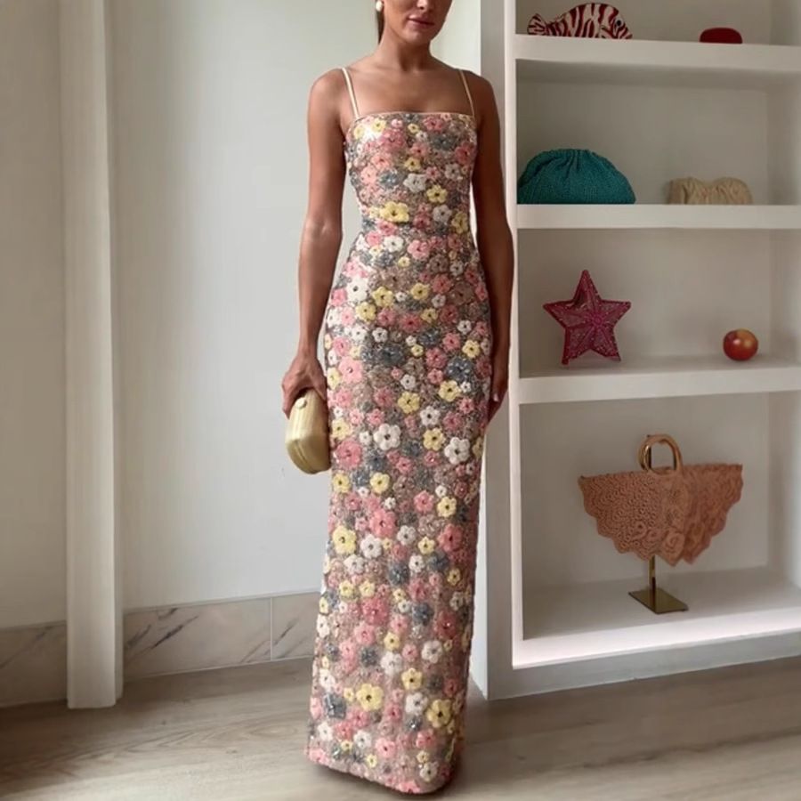 Robe moulante à paillettes florales pour femme – Mini-robe de soirée bustier, taille haute, polyester léger (mode été)_voghion.com