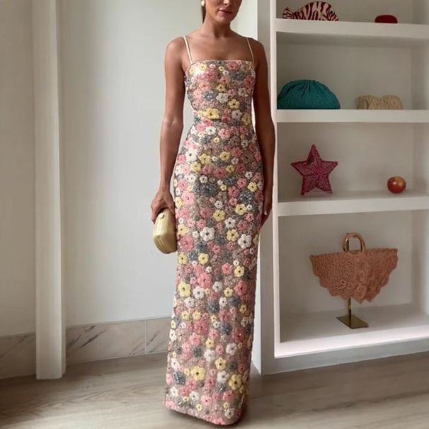 Robe moulante à paillettes florales pour femme – Mini-robe de soirée bustier, taille haute, polyester léger (mode été)_voghion.com