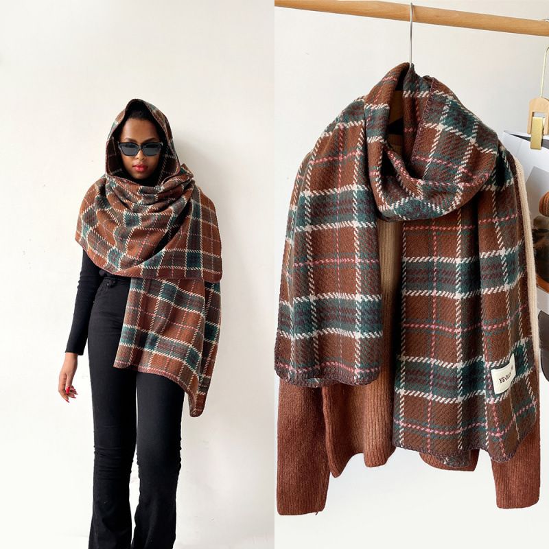 Sügisest kašmiirist ruuduline naiste talvine luksuslik sall kolmnurkse serva ja peaga_voghion.com