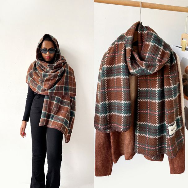 Sügisest kašmiirist ruuduline naiste talvine luksuslik sall kolmnurkse serva ja peaga_voghion.com