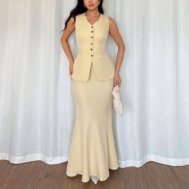 Elegant Women's Vest & Fishtail Skirt Set – Breathable Summer Two-Piece Outfit In Solid Colors (S-XL)_voghion.com
