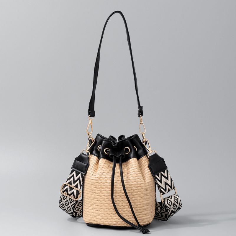 Handmade straw bag lady's senior sense minority bucket satchel bag commuter woven shoulder bag_voghion.com