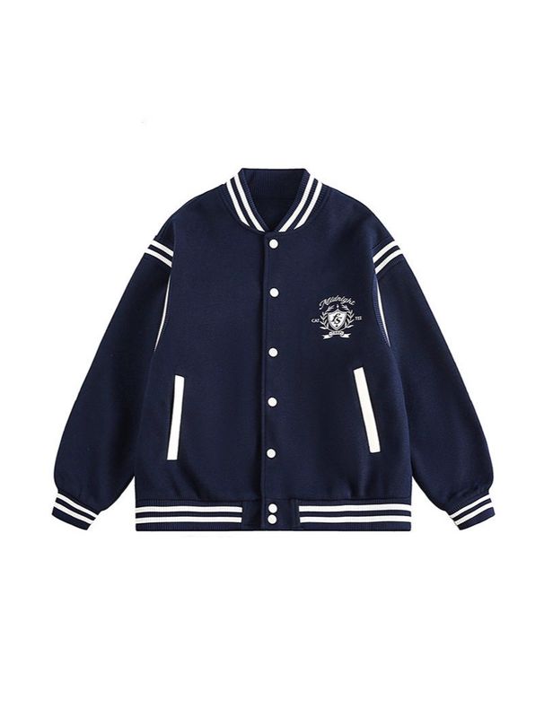 Veste de baseball vintage avec badge brodé - Vêtements d'extérieur décontractés unisexes pour le printemps et l'automne (bleu marine, gris)_voghion.com