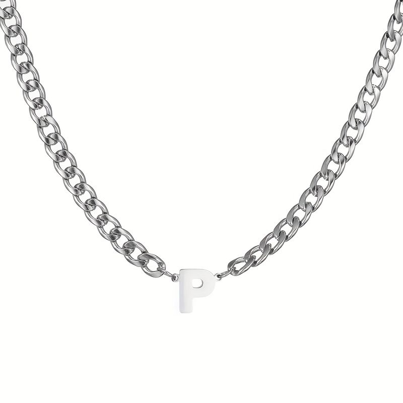 Collier pendentif tendance avec initiale A-Z, chaîne cubaine argentée en acier inoxydable de 22 pouces de long pour hommes_voghion.com
