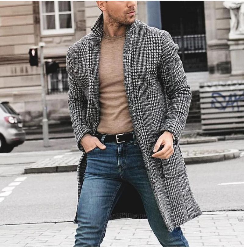 Veste mi-longue à motif pied-de-poule pour homme Veste pour homme_voghion.com