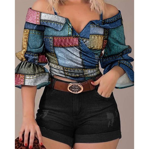 Roupas femininas Top elegante com estampa de uma linha e alça de lapela_voghion.com